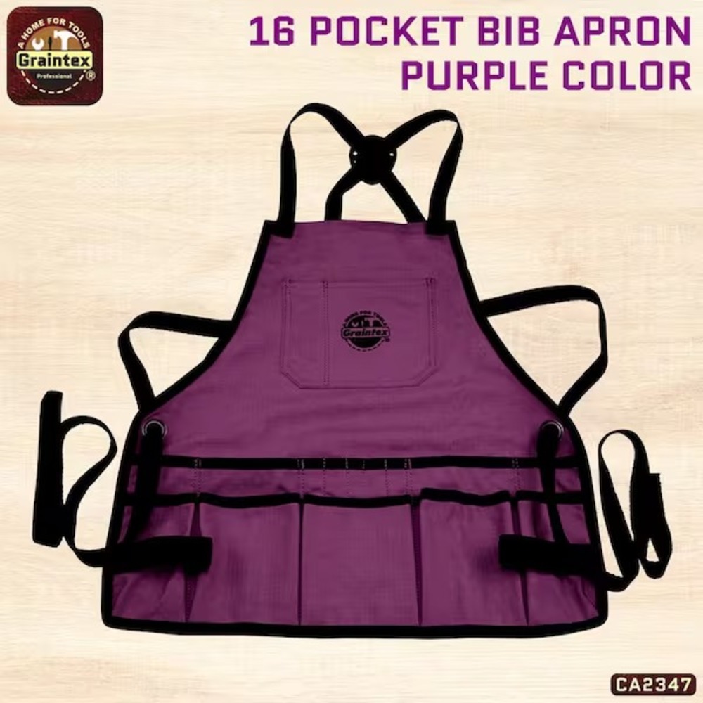 Graintex CA2369 Bib Apron 16 Pocket Purple Rip-Stop Canvas One Size Tool Apron